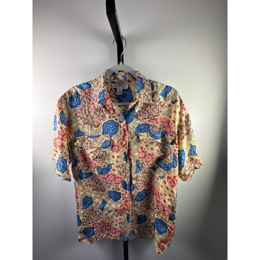 Stunt Collections Vintage 100% Silk Short Sleeve Button Down Shirt Floral Tan M